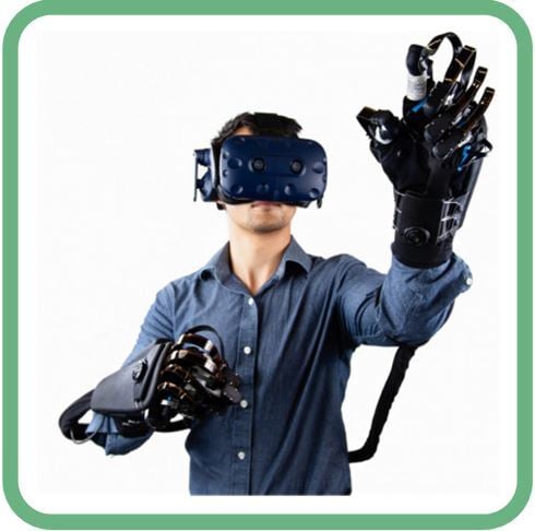 person wearing haptic equipment and VR headset