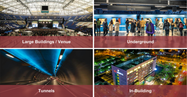four different example environments where DAS can enhance deployment of 5G networks: 1. A large venue with thousands of stadium seats; 2. an underground subway with people waiting on a platform; 3. a road tunnel; 4. Arial view of a building