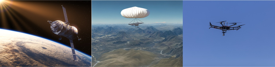 Three separate images showing examples of Non-Terrestrial Networks. From left to right: A satellite in space above the Earth, a balloon carrying an NTN in the sky above mountains ad a drone in the sky.