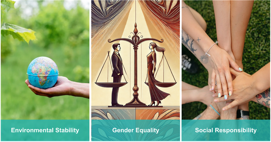 person holding globe, male/female scales, hands with tattoos