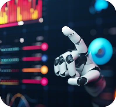 Conceptual image depicting Agentic AI with a robotic hand reaching to digital graphs