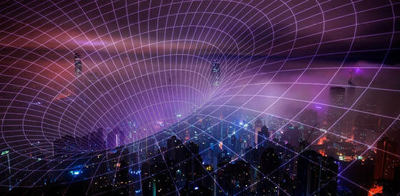 neon purple mesh 3D funnel over a city