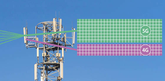 tower with green and purple grids illustrating 4G and 5G coming out to the side